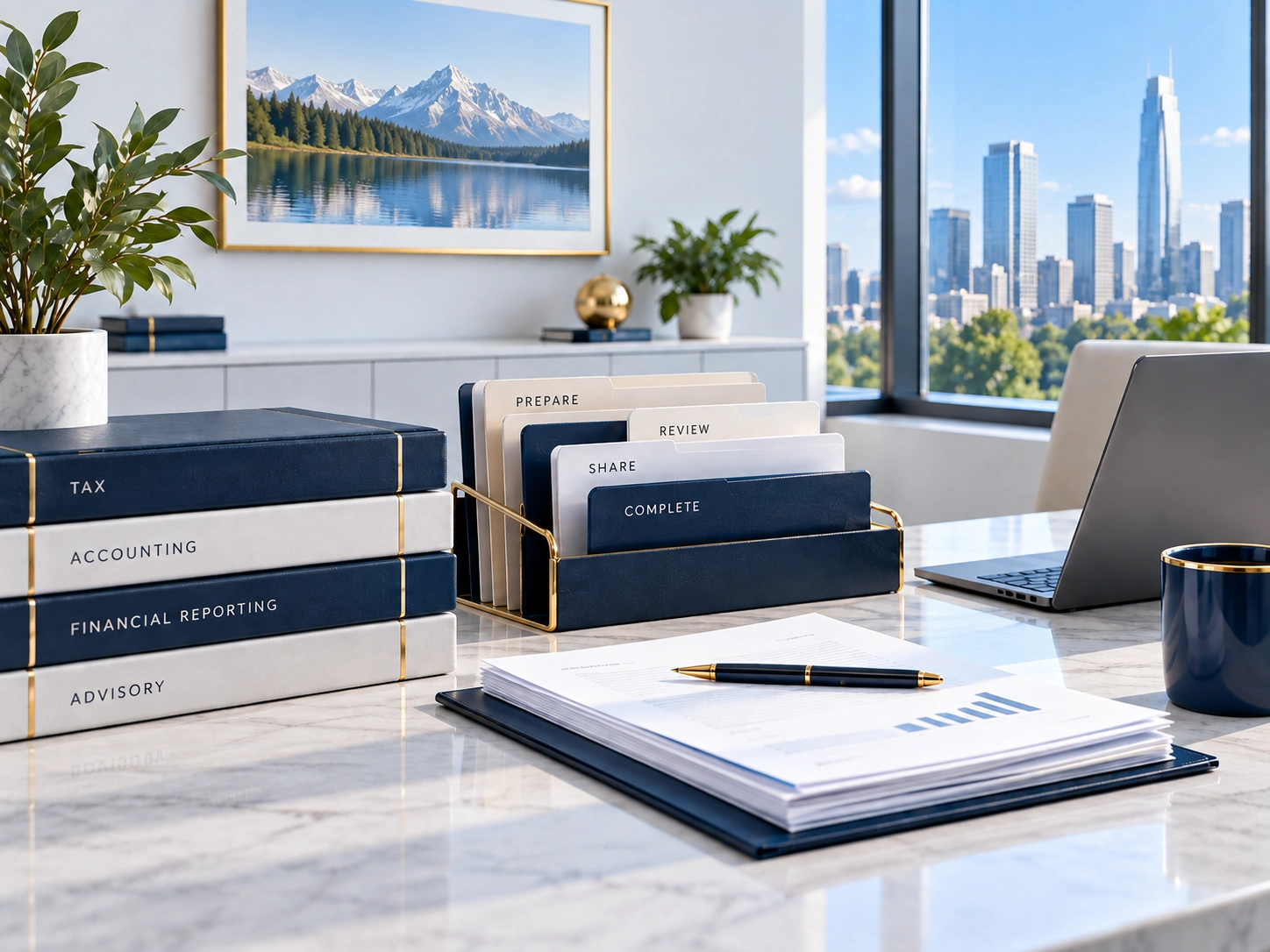 A professional accounting workspace with organized client documents, labeled binders, and workflow materials on a marble desk.