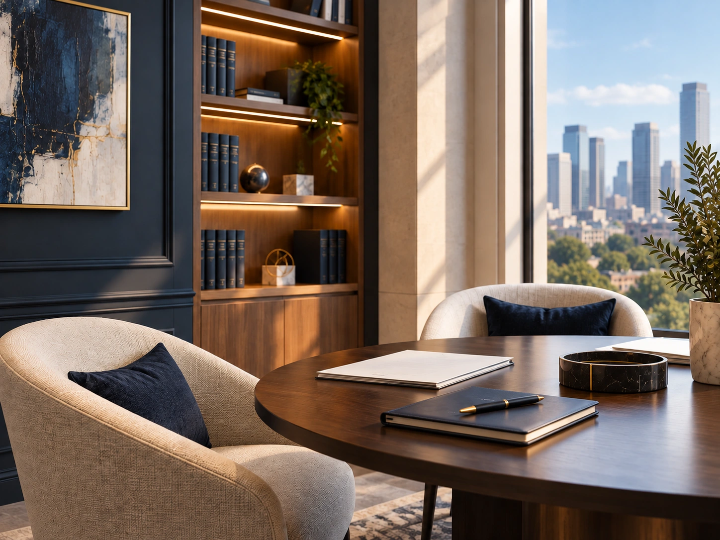 A professional consultation setting with two chairs beside a dark round table, warm shelving, and a city view.