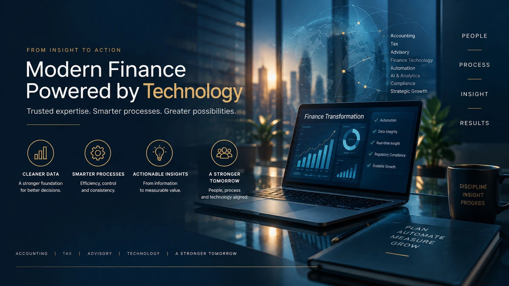 Modern finance workspace connecting accounting, technology, insight, and business performance